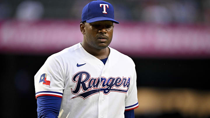May 13, 2026; Arlington, Texas, USA; Texas Rangers starting pitcher Kumar Rocker (80) comes off the field after pitching against the Arizona Diamondbacks during the first inning at Globe Life Field. Mandatory Credit: Jerome Miron-Imagn Images