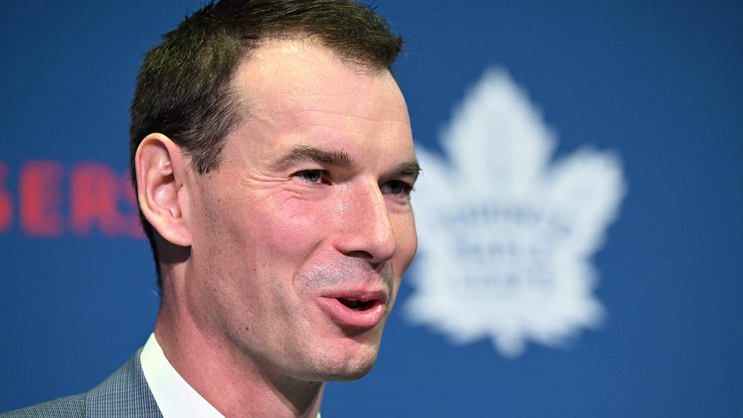 May 4, 2026; Toronto, Ontario, CANADA;  Toronto Maple Leafs general manager John Chayka speaks to the media during an introductory news conference at Real Sports Bar and Grill. Mandatory Credit: Dan Hamilton-Imagn Images
