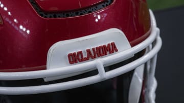 A view of the team logo on the helmet of the Oklahoma Sooners during the Big 12 Media Day at AT&T Stadium. Mandatory Credit: Jerome Miron-USA TODAY Sports