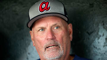 Jun 6, 2025; San Francisco, California, USA; Atlanta Braves manager Brian Snitker (43) talks to the media in the dugout before the game between the San Francisco Giants and the Atlanta Braves at Oracle Park. Mandatory Credit: Robert Edwards-Imagn Images