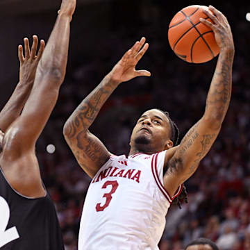 Indiana guard Lamar Wilkerson goes to the rim Nov. 12, 2025, against Milwaukee at Simon Skjodt Assembly Hall.