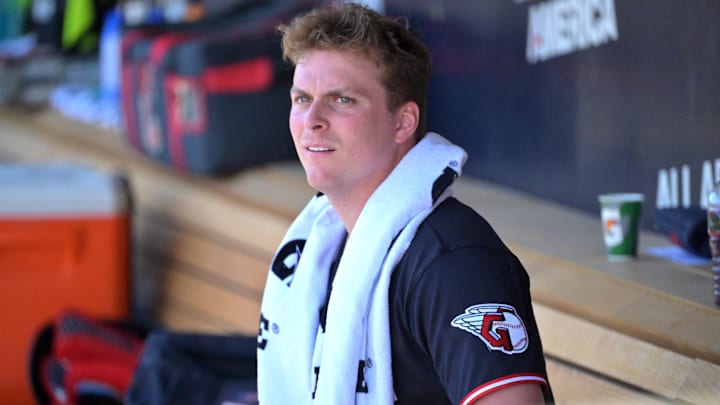Feb 21, 2026: Cleveland Guardians catcher Cooper Ingle (70) looks on from the dugout against the Milwaukee Brewers at American Family Fields of Phoenix. 