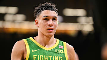 Feb 19, 2025; Iowa City, Iowa, USA; Oregon Ducks guard Jackson Shelstad (3) walks off the court after the game against the Iowa Hawkeyes at Carver-Hawkeye Arena. Mandatory Credit: Jeffrey Becker-Imagn Images