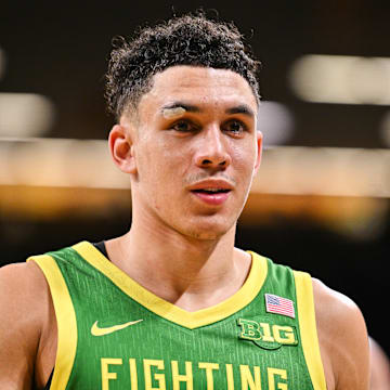 Feb 19, 2025; Iowa City, Iowa, USA; Oregon Ducks guard Jackson Shelstad (3) walks off the court after the game against the Iowa Hawkeyes at Carver-Hawkeye Arena. Mandatory Credit: Jeffrey Becker-Imagn Images