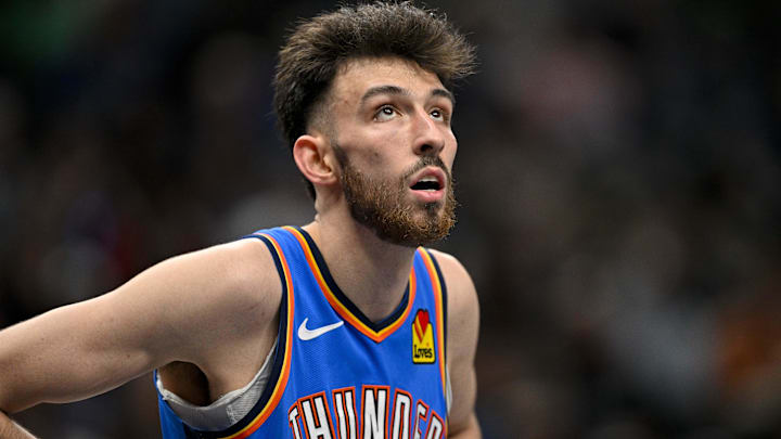 Mar 1, 2026; Dallas, Texas, USA; Oklahoma City Thunder center Chet Holmgren (7) looks on during the game between the Mavericks and the Thunder at American Airlines Center. Mandatory Credit: Jerome Miron-Imagn Images