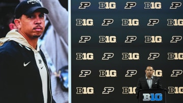 Jul 23, 2024; Indianapolis, IN, USA; Purdue Boilermakers head coach Ryan Walters speaks to the media during the Big 10 football media day at Lucas Oil Stadium. Mandatory Credit: Robert Goddin-USA TODAY Sports