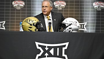 Jul 13, 2023; Arlington, TX, USA; UCF Knights head coach Gus Malzahn is interviewed during the Big 12 football media day at AT&T Stadium. Mandatory Credit: Jerome Miron-USA TODAY Sports