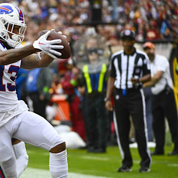 Sep 24, 2023; Landover, Maryland, USA; Buffalo Bills wide receiver Gabe Davis (13) scores a touchdown  against the Washington Commanders