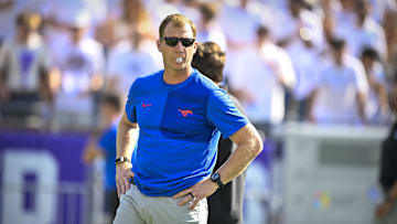 Sep 20, 2025; Fort Worth, Texas, USA;  SMU Mustangs head coach Rhett Lashlee looks on before the game against the TCU Horned Frogs at Amon G. Carter Stadium. Mandatory Credit: Jerome Miron-Imagn Images