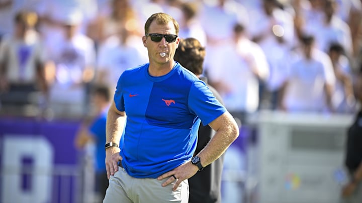 Sep 20, 2025; Fort Worth, Texas, USA;  SMU Mustangs head coach Rhett Lashlee looks on before the game against the TCU Horned Frogs at Amon G. Carter Stadium. Mandatory Credit: Jerome Miron-Imagn Images