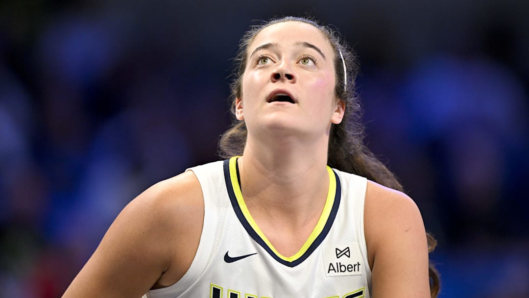 Aug 27, 2025; Arlington, Texas, USA; Dallas Wings forward Maddy Siegrist (20) looks on during the second half against the Connecticut Sun at College Park Center. Mandatory Credit: Jerome Miron-Imagn Images