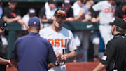 Jun 1, 2025; Corvallis, OR, USA; Oregon St. head coach Mitch Canham talks to referees before a game against Saint Mary's at the NCAA Corvallis Regional at Goss Stadium. Mandatory Credit: Troy Wayrynen-Imagn Images