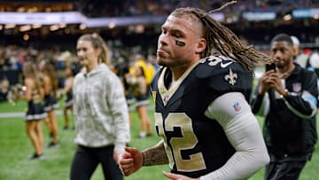 Nov 10, 2024; New Orleans, Louisiana, USA; New Orleans Saints safety Tyrann Mathieu (32) leaves the field after the Saints defeated the Atlanta Falcons at Caesars Superdome. Mandatory Credit: Matthew Hinton-Imagn Images