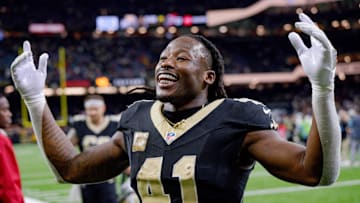 Nov 10, 2024; New Orleans, Louisiana, USA; New Orleans Saints running back Alvin Kamara (41) leaves the field after the Saints defeated the Atlanta Falcons at Caesars Superdome. Mandatory Credit: Matthew Hinton-Imagn Images