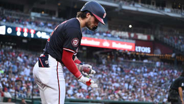 Aug 27, 2024; Washington, District of Columbia, USA; Washington Nationals center fielder Dylan Crews (3) prepares for an at bat against the New York Yankees during the second inning at Nationals Park.