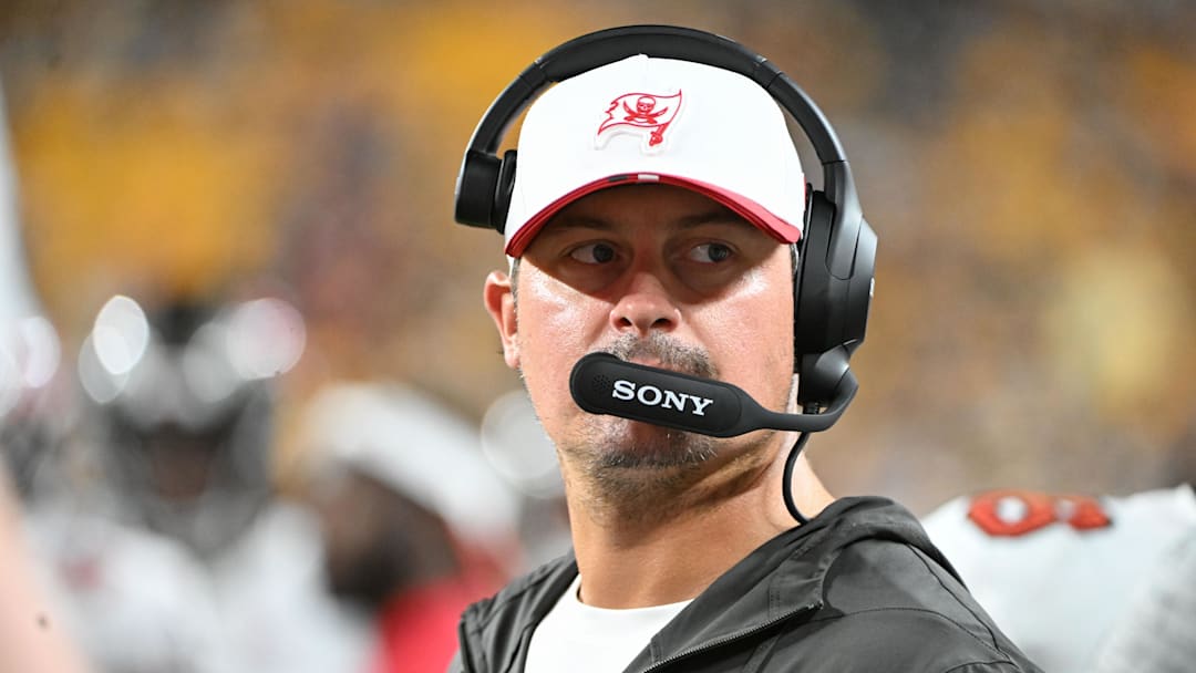 Aug 16, 2025; Pittsburgh, Pennsylvania, USA; Tampa Bay Buccaneers offensive coordinator Josh Grizzard watches the action against the Pittsburgh Steelers during the second half at Acrisure Stadium.