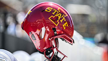 Sep 7, 2024; Iowa City, Iowa, USA; An Iowa State Cyclones helmet sits on the sidelines before the game against the Iowa Hawkeyes at Kinnick Stadium. 