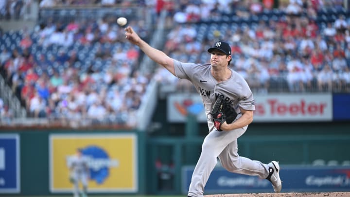 Aug 27, 2024; Washington, District of Columbia, USA; New York Yankees starting pitcher Gerrit Cole (45) throws a pitch against the Washington Nationals during the first inning at Nationals Park.