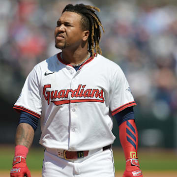 Apr 23, 2025; Cleveland, Ohio, USA; Cleveland Guardians designated hitter Jose Ramirez (11) walks back to the dugout during the fifth inning against the New York Yankees at Progressive Field. Mandatory Credit: Ken Blaze-Imagn Images