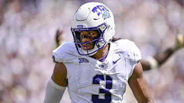 Sep 20, 2025; Fort Worth, Texas, USA; TCU Horned Frogs linebacker Kaleb Elarms-Orr (3) celebrates during the game between the TCU Horned Frogs and the SMU Mustangs at Amon G. Carter Stadium. Mandatory Credit: Jerome Miron-Imagn Images