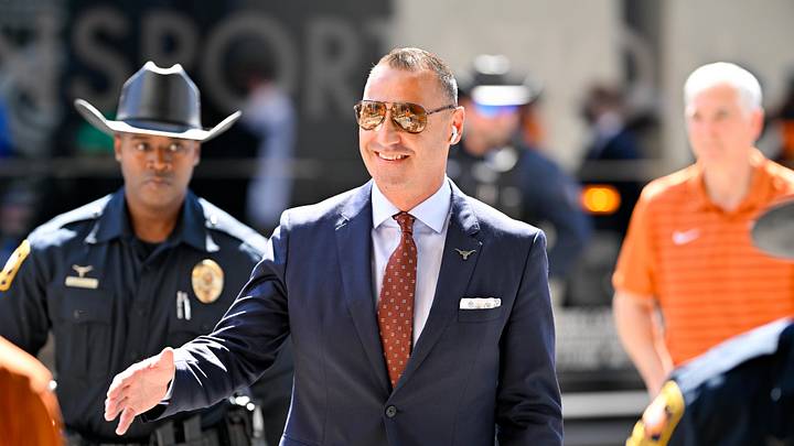 Oct 11, 2025; Dallas, Texas, USA; Texas Longhorns head coach Steve Sarkisian arrives at the stadium before the game against the Oklahoma Sooners at Cotton Bowl. Mandatory Credit: Jerome Miron-Imagn Images