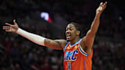 Nov 30, 2025; Portland, Oregon, USA; Oklahoma City Thunder guard Jalen Williams (8) calls for a delay of game during the second half in a game against the Portland Trail Blazers at Moda Center. Mandatory Credit: Troy Wayrynen-Imagn Images