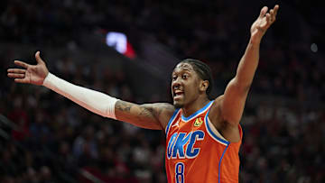 Nov 30, 2025; Portland, Oregon, USA; Oklahoma City Thunder guard Jalen Williams (8) calls for a delay of game during the second half in a game against the Portland Trail Blazers at Moda Center. Mandatory Credit: Troy Wayrynen-Imagn Images