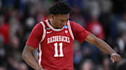 Mar 22, 2025; Providence, RI, USA; Arkansas Razorbacks forward Karter Knox (11) celebrates during the second half of a second round men’s NCAA Tournament game against the St. John's Red Storm at Amica Mutual Pavilion. Mandatory Credit: Brian Fluharty-Imagn Images