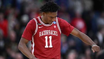Mar 22, 2025; Providence, RI, USA; Arkansas Razorbacks forward Karter Knox (11) celebrates during the second half of a second round men’s NCAA Tournament game against the St. John's Red Storm at Amica Mutual Pavilion. Mandatory Credit: Brian Fluharty-Imagn Images