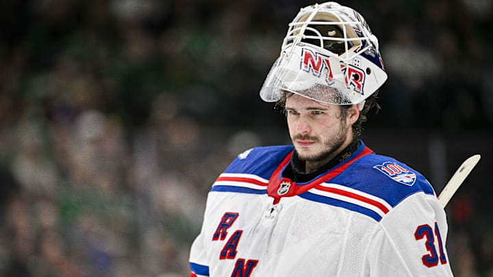 Apr 11, 2026; Dallas, Texas, USA; New York Rangers goaltender Igor Shesterkin (31) skates back on the ice during the second period against the Dallas Stars at the American Airlines Center.