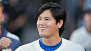 Aug. 30, 2025; Los Angeles, California, USA; Los Angeles Dodgers designated hitter Shohei Ohtani (17) reacts during the first inning against the Arizona Diamondbacks at Dodger Stadium.