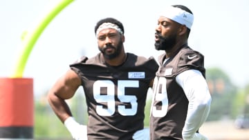 Aug 4, 2024; Cleveland Browns defensive ends Za'Darius Smith (99) and Myles Garrett (95) during practice at the Browns training facility in Berea, Ohio.