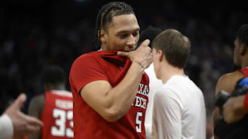 Mar 29, 2025; San Francisco, CA, USA; Texas Tech Red Raiders forward Darrion Williams (5) reacts after losing to the Florida Gators during the West Regional final of the 2025 NCAA tournament at Chase Center. Mandatory Credit: Eakin Howard-Imagn Images