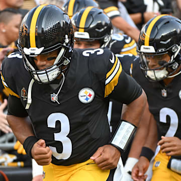 Aug 9, 2024; Pittsburgh, Pennsylvania, USA; Pittsburgh Steelers quarterback Russell Wilson (3) and Justin Fields (2) take the field for pre-game against the Houston Texans at Acrisure Stadium. 