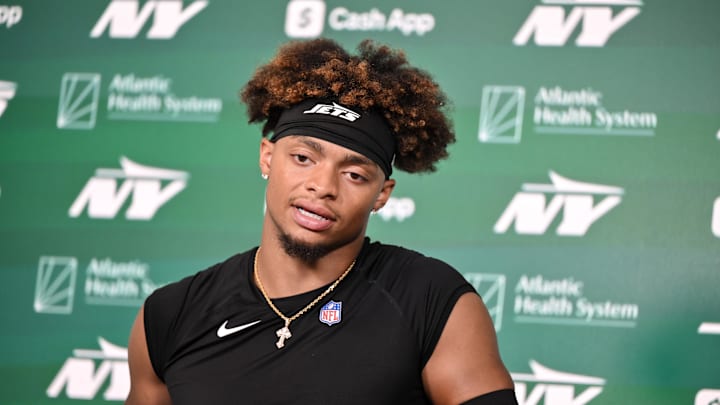 Jun 11, 2025; Florham Park, NY, USA; New York Jets quarterback Justin Fields (7) speaks at a press conference during minicamp at Atlantic Health Jets Training Center. Mandatory Credit: John Jones-Imagn Images