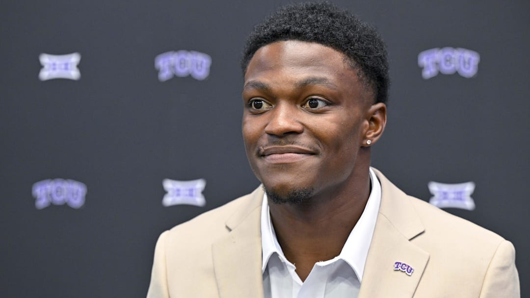 Jul 12, 2023; Arlington, TX, USA; TCU Horned Frogs safety Bud Clark is interviewed during Big 12 football media day at AT&T Stadium. Mandatory Credit: Jerome Miron-Imagn Images
