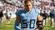 Tennessee Titans linebacker Cody Barton walks off the field post game against the New England Patriots.