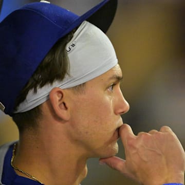 Jul 9, 2025; Anaheim, California, USA;  Texas Rangers center fielder Sam Haggerty (0) looks from the dugout in the eighth inning against the against the Los Angeles Angels at Angel Stadium. 