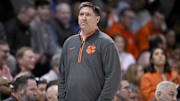 Feb 22, 2025; Dallas, Texas, USA; Clemson Tigers head coach Brad Brownell looks on during the game between the SMU Mustangs and the Clemson Tigers at Moody Coliseum.