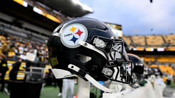 Nov 2, 2025; Pittsburgh, Pennsylvania, USA;  A Pittsburgh Steelers helmet sits on the sideline following a game against the Indianapolis Colts at Acrisure Stadium. Mandatory Credit: Barry Reeger-Imagn Images
