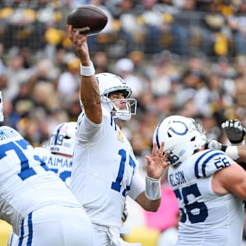 Indianapolis Colts quarterback Daniel Jones (17) throws a pass during the first half against the Pittsburgh Steelers at Acrisure Stadium.