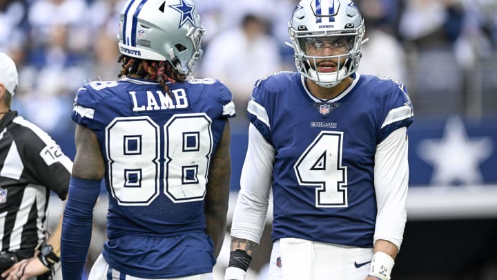 Oct 30, 2022; Arlington, Texas, USA; Dallas Cowboys quarterback Dak Prescott (4) and wide receiver CeeDee Lamb (88) during the game between the Dallas Cowboys and the Chicago Bears at AT&T Stadium. 