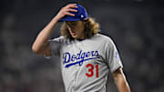 Apr 20, 2025; Arlington, Texas, USA; Los Angeles Dodgers starting pitcher Tyler Glasnow (31) comes off the field after he pitches against the Texas Rangers during the first inning at Globe Life Field. Mandatory Credit: Jerome Miron-Imagn Images