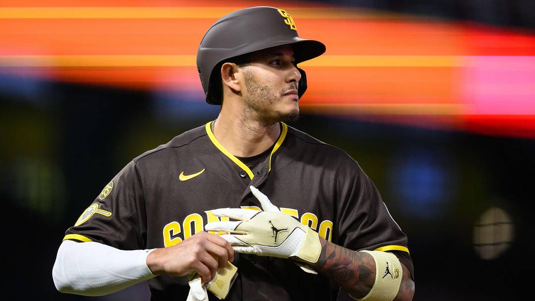 Apr 17, 2026; Anaheim, California, USA; San Diego Padres third baseman Manny Machado (13) looks on after being called out following an ABS challenge during the fourth inning against the Los Angeles Angels at Angel Stadium. Mandatory Credit: William Liang-Imagn Images