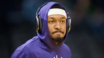 Dec 28, 2024; San Francisco, California, USA; Phoenix Suns guard Bradley Beal (3) warms up before the game between the Phoenix Suns and the Golden State Warriors at Chase Center. Mandatory Credit: Robert Edwards-Imagn Images