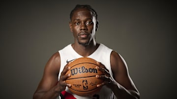 Sep 29, 2025; Portland, OR, USA; Portland Trail Blazers guard Jrue Holiday (5) during media day at the Moda Center. Mandatory Credit: Troy Wayrynen-Imagn Images