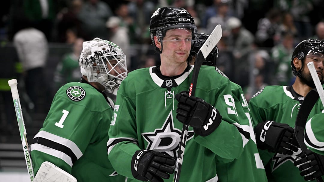 Mar 4, 2025; Dallas, Texas, USA; Dallas Stars defenseman Thomas Harley (55) and goaltender Casey DeSmith (1) celebrate after the Stars defeat the New Jersey Devils at the American Airlines Center. Mandatory Credit: Jerome Miron-Imagn Images