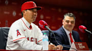 Oct 22, 2025; Los Angeles, CA, USA; Los Angeles Angels manager Kurt Suzuki speaks during a press conference at Angel Stadium. Mandatory Credit: William Liang-Imagn Images