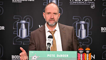 Dallas Stars head coach Pete DeBoer speaks to the media after the game against the Edmonton Oilers.