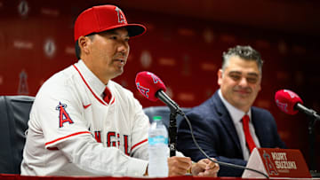 Oct 22, 2025; Los Angeles, CA, USA; Los Angeles Angels manager Kurt Suzuki speaks during a press conference at Angel Stadium. Mandatory Credit: William Liang-Imagn Images